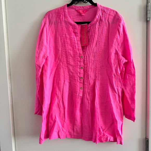 New Lilly Pulitzer Sarasota Tunic Blouse Pink Isle 100% Linen Women's sz XL - Picture 2 of 8